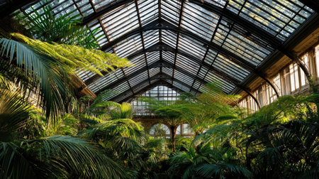 Discover a vibrant indoor botanical garden filled with lush green plants beneath a stunning glass roof, creating a peaceful atmosphere perfect for relaxation and inspiration.の素材