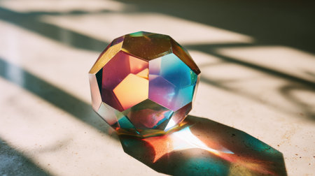Vibrant geometric glass shape casting colorful reflections and shadows on a minimalist surface. Perfect for design, decor, and artistic inspiration in modern spaces.の素材