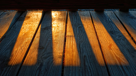 Golden light illuminates wooden planks, creating long shadows and a serene atmosphere at sunset. Perfect for nature-inspired design and tranquil settings.の素材