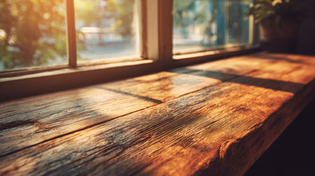 A beautifully lit wooden table near a window, bathed in sunlight, showcasing its rich texture and warm tones, evoking a sense of peace and homeliness.の素材