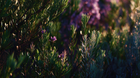 This stunning image features lush greenery interspersed with delicate purple blooms, capturing the essence of nature's beauty in a vibrant outdoor environment.の素材