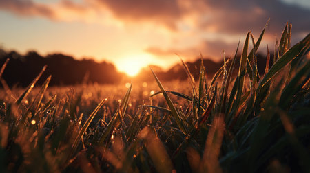 A captivating view of dew-covered grass at sunrise, with gentle sunlight illuminating the scene. This image captures the essence of a tranquil morning in nature.の素材