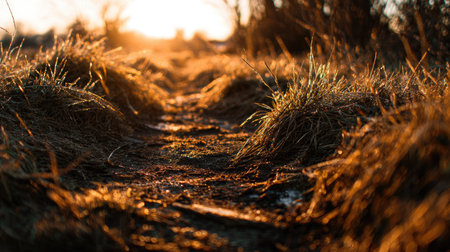 A tranquil pathway bathed in warm sunlight at sunrise, showcasing dew-kissed grass. This serene scene captures the essence of nature's beauty and peaceful mornings.の素材