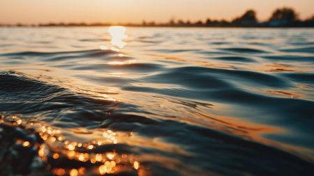 Captivating image of a serene water surface during sunset, showcasing gentle waves that reflect warm light and colors, evoking a sense of tranquility and natural beauty.の素材