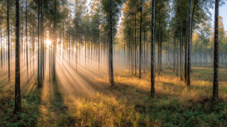 A tranquil forest scene capturing the serene beauty of a misty morning. Sunlight filters through tall trees, casting rays on the vibrant ground cover.の素材