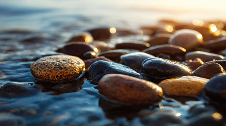A serene close-up of smooth pebbles resting in ocean water, illuminated by the warm glow of sunset. Ideal for nature and tranquility-themed projects.の素材