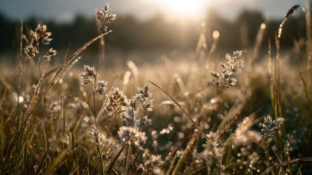A breathtaking view of vibrant grasses bathed in soft morning light adds a touch of magic to this serene meadow, showcasing nature's beauty at sunrise.の素材