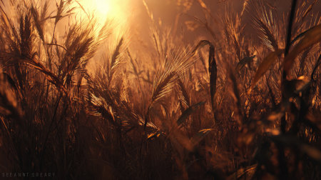 A breathtaking view of a field of tall grass illuminated by the golden hues of sunset. The peaceful scene captures the essence of natureの素材