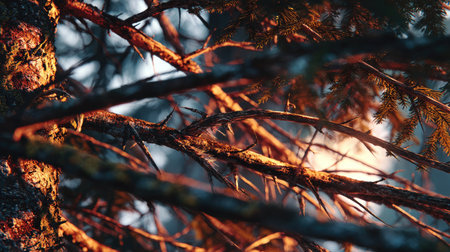 Closeup view of pine tree branches illuminated by soft golden sunlight, showcasing rich textures and a warm atmosphere in a peaceful forest setting.の素材
