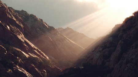Experience the breathtaking beauty of rocky mountains illuminated by warm sunlight, with soft rays creating a serene and tranquil atmosphere in natureの素材