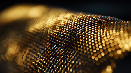 This close-up image captures the intricate textures of a shimmering gold mesh fabric, highlighting its elegance and depth through soft glowing light and abstract patterns.の素材