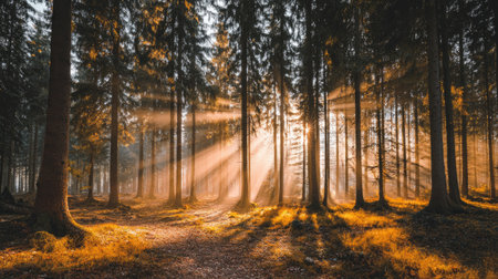 Enjoy the peaceful beauty of a forest as sunlight streams through tall trees, creating a serene atmosphere filled with soft light and gentle shadows.の素材