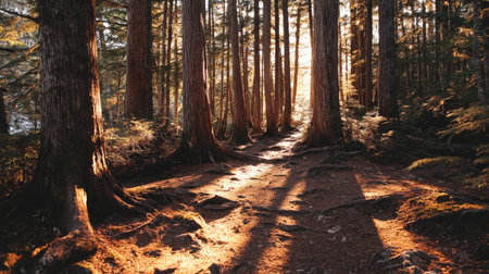 Explore a breathtaking forest scene, featuring a serene pathway illuminated by the warm glow of sunrise, creating a peaceful atmosphere perfect for nature lovers.の素材