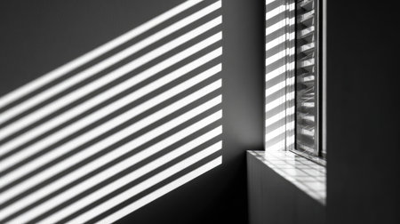 A serene interior scene featuring sunlight creating striped shadows on a wall and window, highlighting minimalist design elements and evoking a calming atmosphere.の素材