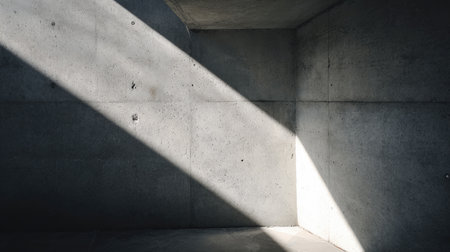 A minimalist concrete interior featuring dramatic light rays casting shadows, creating an engaging visual contrast that highlights the clean architectural design.の素材