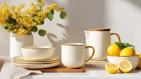Brighten your space with this elegant table setting featuring white ceramics, yellow flowers, and fresh lemons. Perfect for home decor and cozy vibes.の素材