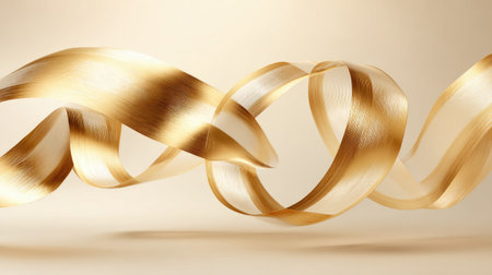 A stunning display of gold ribbons twisting and flowing gracefully in the air, creating a captivating abstract scene perfect for artistic and creative projects.の素材