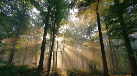 Experience a tranquil forest scene where sunlight filters through tall trees, creating beautiful rays of light. This serene landscape evokes a sense of calm and nature's beauty.の素材