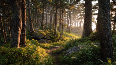 Explore a serene forest pathway where sunlight gently illuminates lush greenery, creating a peaceful atmosphere perfect for nature lovers and adventurers.の素材