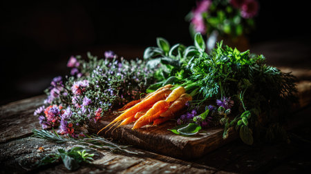 An appealing arrangement of fresh organic carrots with assorted herbs and flowers on a rustic wooden table, showcasing vibrant colors and natural beauty suitable for culinary projects.の素材