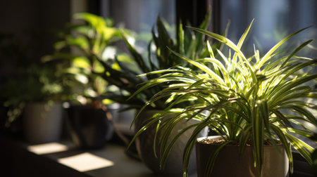 Vibrant green plants bask in sunlight on a windowsill, creating a serene and cozy atmosphere. A perfect touch of nature to enhance any indoor space's aesthetic.の素材