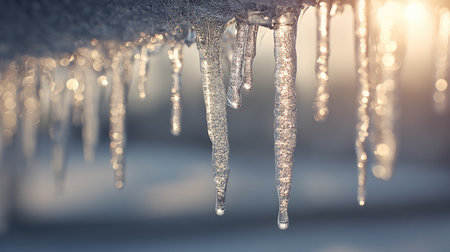 Beautiful close-up of glistening icicles hanging delicately from a roof edge, capturing the serene beauty of winter. Soft morning light enhances the icy shimmer.の素材