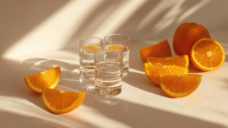 Bright orange slices alongside clear shot glasses create a lively composition on a light surface, showcasing freshness and warmth in natural sunlight.の素材