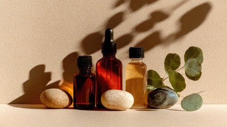 A serene arrangement showcasing various essential oil bottles, smooth stones, and eucalyptus leaves, creating a calming atmosphere perfect for wellness and beauty themes.の素材