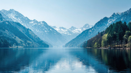 A serene alpine lake reflects the stunning snow-capped mountains, creating a picturesque landscape that invites exploration and relaxation amidst nature's beauty.の素材