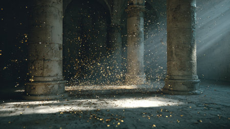 This captivating image features ethereal light illuminating dust particles in an ancient stone space, creating a magical and serene atmosphere perfect for artistic concepts.の素材