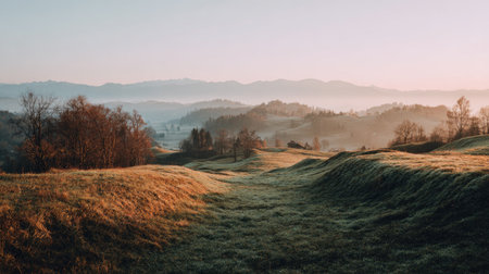 A captivating morning landscape featuring rolling hills blanketed in soft grass, shrouded in gentle fog under a beautiful sunrise, creating a peaceful countryside scene.の素材