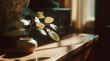 A small potted plant with delicate leaves captures gentle sunlight, casting beautiful shadows on a wooden table, creating a serene and cozy atmosphere in the room.の素材