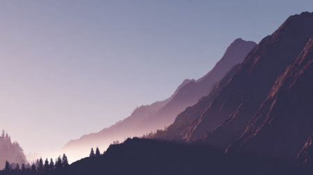 A breathtaking view of mountains at dusk, featuring a gentle gradient sky and silhouetted pine trees that evoke a sense of peace and tranquility in nature.の素材