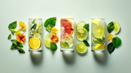 This vibrant arrangement features refreshing summer beverages, garnished with citrus slices and herbs, perfect for a cool drink presentation to invigorate any gathering.の素材