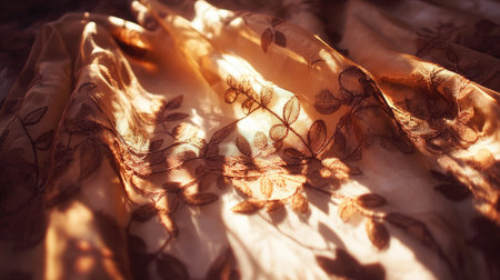 This close-up captures a beautiful fabric adorned with floral embroidery, softly illuminated by natural light, creating an inviting and elegant atmosphere perfect for decor.の素材