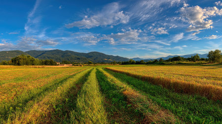 Stunning landscape showcasing lush green fields under a brilliant blue sky with bright clouds, creating a picturesque rural scene ideal for nature lovers and travelers.の素材