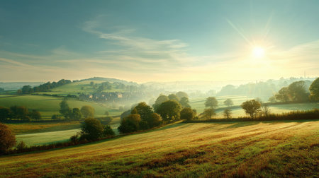 A breathtaking morning landscape features glowing sunlight illuminating lush green fields and gentle rolling hills, creating a serene and tranquil rural atmosphere.の素材