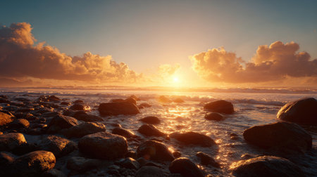 Experience the tranquil beauty of a sunset on a rocky shoreline, featuring gentle waves and dramatic clouds illuminated by golden light, perfect for serene landscapes.の素材