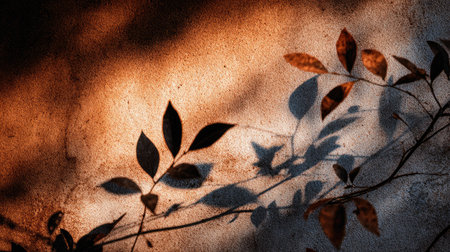 This image captures the delicate dance of leaves casting shadows on a textured wall. The warm light highlights natural beauty, creating a tranquil and serene atmosphere.の素材