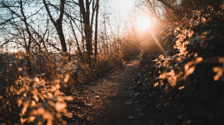 This image captures a tranquil nature trail at sunset, framed by trees and glowing foliage. The soft light creates a warm atmosphere, inviting exploration.の素材