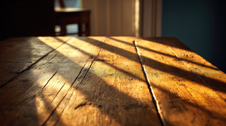 A beautifully lit wooden table captures warm sunlight and intricate shadows, creating a peaceful and serene atmosphere in a cozy indoor space.の素材