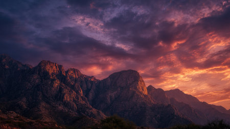Experience the stunning beauty of a sunset illuminating a majestic mountain range, with dramatic clouds enhancing the vibrant colors in this picturesque outdoor landscape.の素材