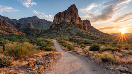 A breathtaking sunset casts golden light over rugged mountains, highlighting serene landscapes in the American Southwest. Perfect for nature lovers and adventurers.の素材