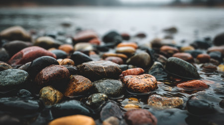 A close-up view of smooth pebbles resting in shallow water, showcasing a variety of colors and textures that enhance the natural beauty of the lakeside.の素材
