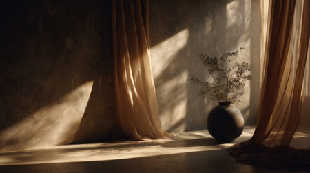 This serene still life captures the tranquility of natural light streaming through soft curtains, illuminating a simple vase with delicate foliage.の素材