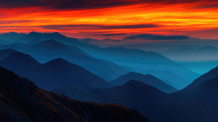 Explore the vibrant beauty of a mountain landscape at sunrise, as colorful hues fill the sky, highlighting the serene silhouettes of the rugged terrain.の素材