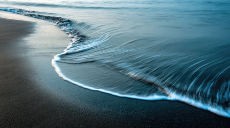 A serene view of gentle ocean waves gracefully reaching the smooth sand shore, reflecting soft blue hues of the sky in a peaceful coastal landscape at sunrise.の素材