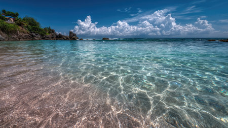 A stunning view of a tranquil beach featuring clear, shallow water and dramatic clouds overhead. Ideal for travel and nature photography, showcasing serene coastal beauty.の素材