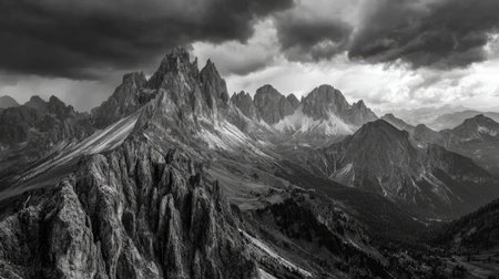 Stunning black and white image of the Dolomites showcasing dramatic mountain peaks, cloud-filled skies, and the serene beauty of nature's untouched landscapes.の素材