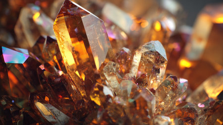 A stunning close-up view of orange and amber crystals, showcasing their unique reflections and brilliant colors. Ideal for nature lovers and gemstone enthusiasts.の素材
